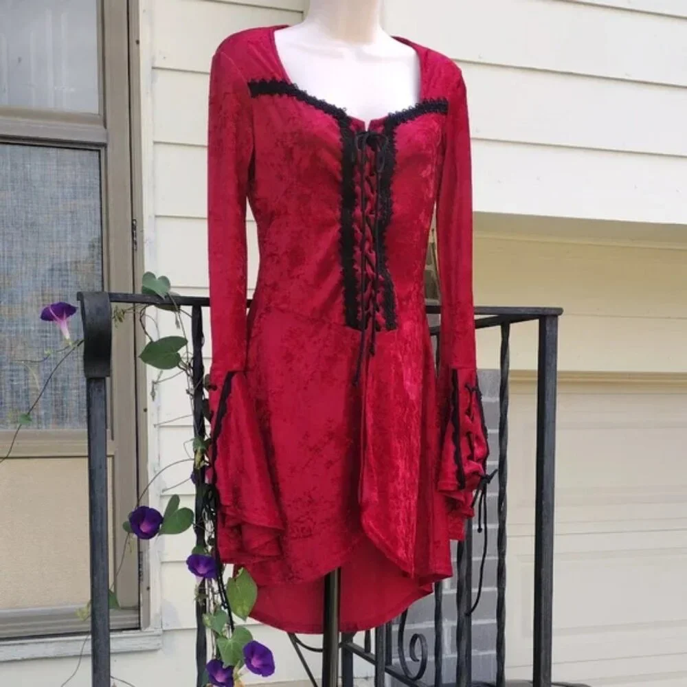 90s Lip Service Hi Low Red Velvet Laced Top with Bell Sleeves Small - Picture 2 of 14